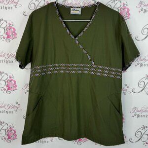 Reina scrub top tshirt Olive Green Women's Short Sleeve Top with Patterned Trim